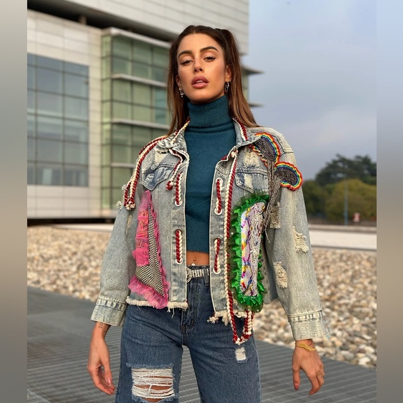 Colorful Embellished Denim Jacket - Picture 3 of 13